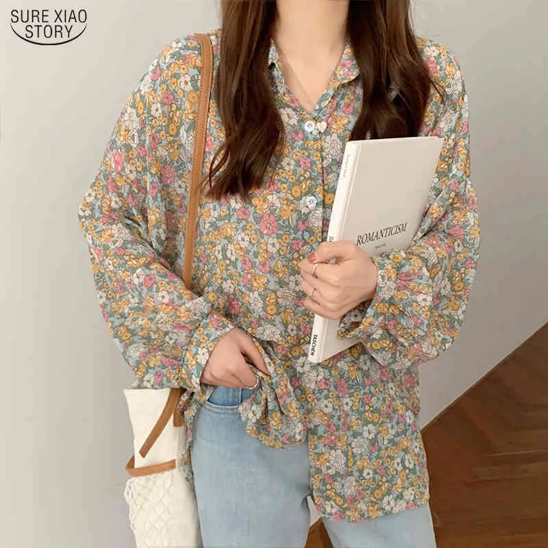 Casual Chiffon Print Plus Size Blouse Blusas Höst Koreansk Puff Långärmad Floral Kvinnor Shirts Cardigan Toppar 10312 210415