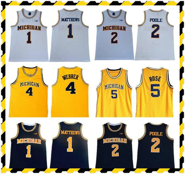 NCAA Michigan Wolverines 5 Jalen Rose Jersey Chris Webber 4 Juwan Howard 25 1 Charles Matthews 2 Jorda Poole College Basketbal Yellow Men