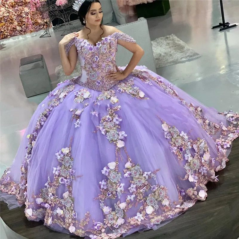 Luxo Off Ombro Beads Quinceanera Vestidos Lavanda Lilás Bola Vestido Doce 16 Anos Princesa Vestido para Vestidos de 15 Años Anos