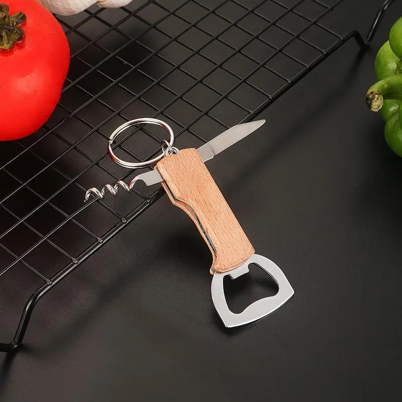 Beer Bottle Opener Keyring Keychain Stainless Steel Multifunctional Wooden Handle Corkscrew Wine Opener Bar Party Accessory New