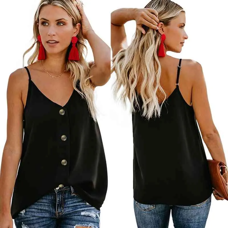 Femmes En Mousseline De Soie Camisole Casual Sling Col En V Sans Manches Boutons Débardeur De Base Tops Dames Sexy D'été Lâche Blouse Gilet Plus La Taille 3XL 210507