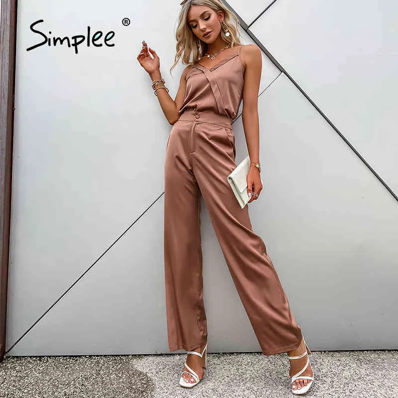 Sexy elegant satin women two piece suit summer Fashion v-neck camisole long wide leg pants High street set lady chic 210414