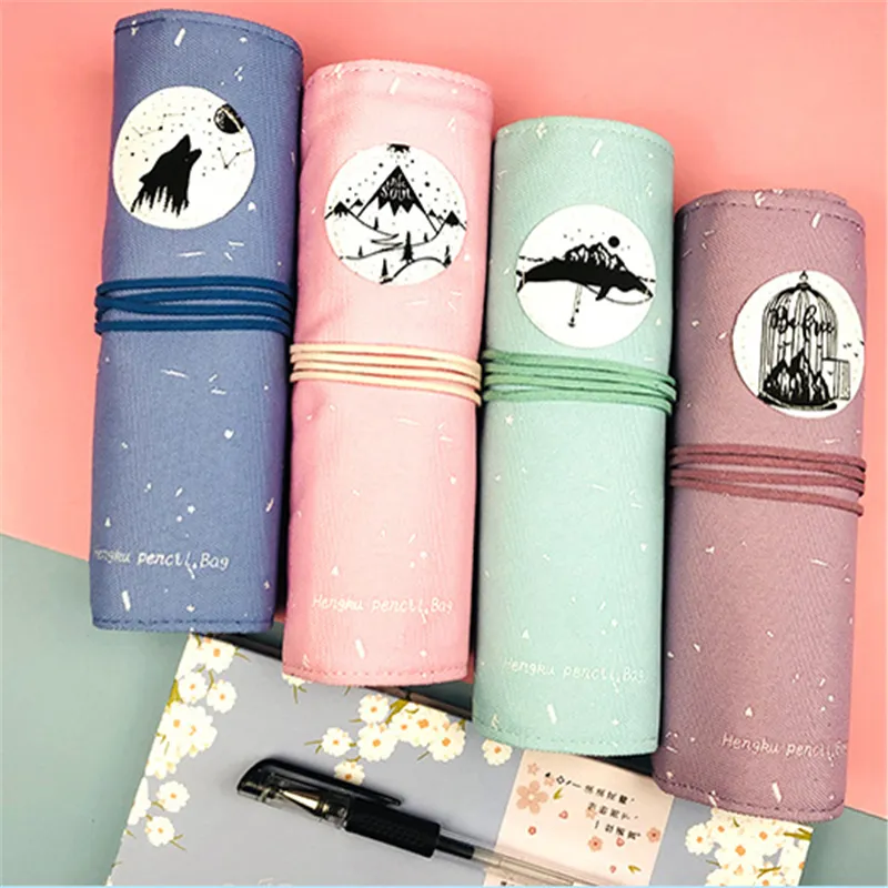 Roll Up Pencil Case Canvas Portable Pen Storage Bag Hållare Stationery Organizer Studenttillbehör, No Pennor KDJK2104