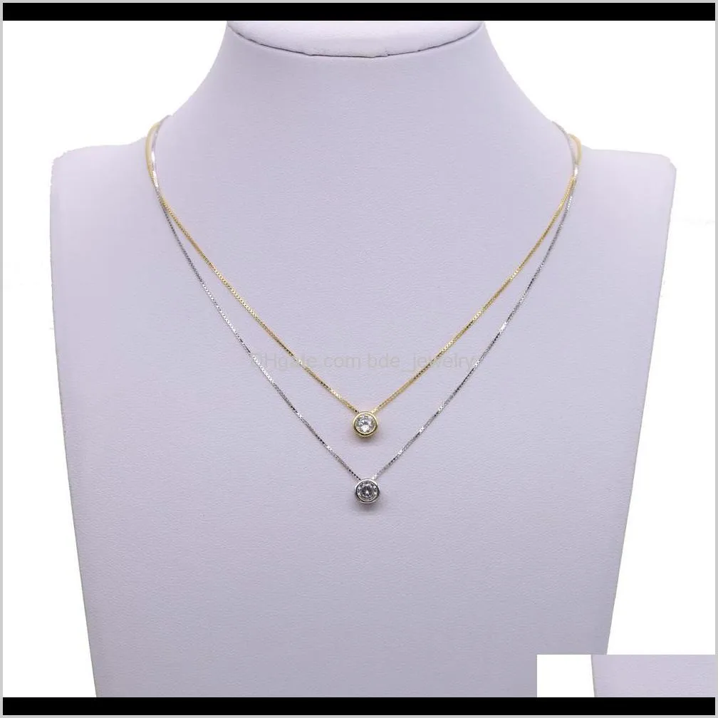 2020 latest single stone necklace fine delicate box chain 925 sterling silver bezel 5mm sparking cubic zirconia simple jewelry