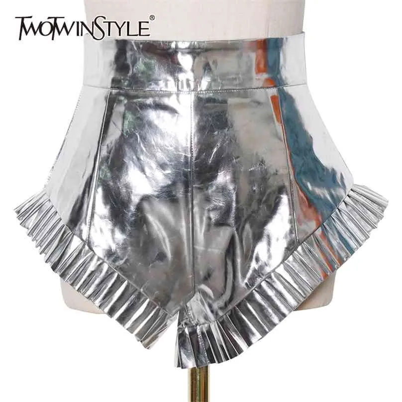 Twotwinstyle prata casual curto para mulheres cintura alta solta ruched minimalista shorts feminino verão moda roupas elegantes 210719