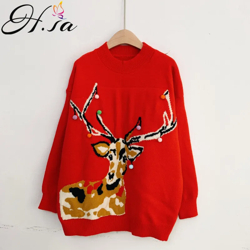 H.SA Women Sweaters Cartoon Christmas Deers Embroidery Knit Sweater Jumpers Red Warm Chic Retro Pull Femme 210417