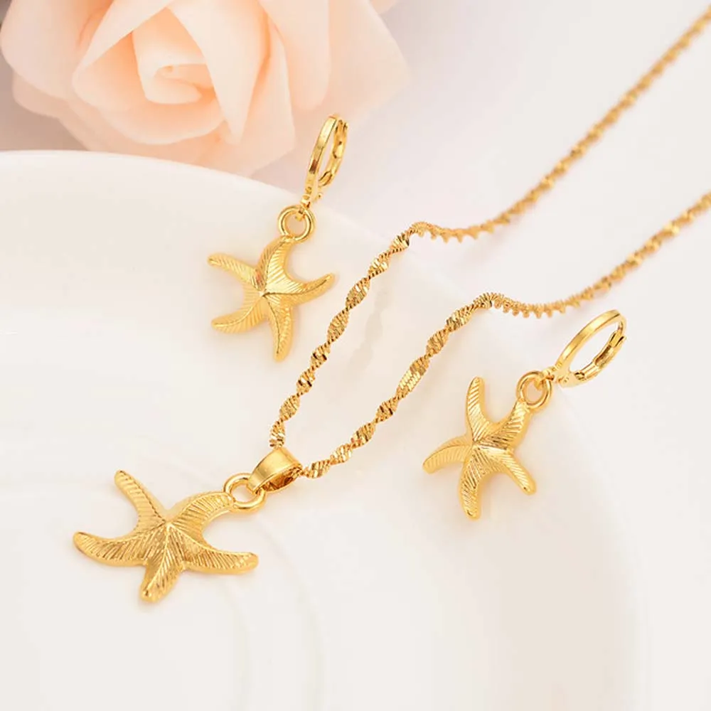 18 K Solid Gold starfish Pendant Necklace earrings pentagon jewelry for Women Papua Guinea young party