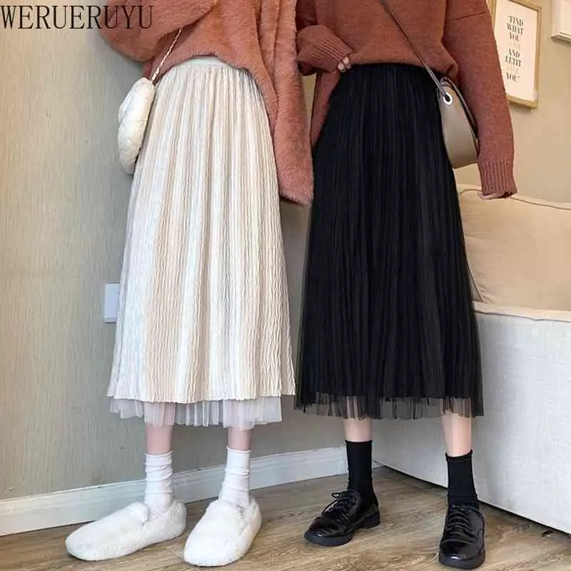 Werueruyu cintura alta mulheres saia moda primavera outono e inverno senhoras malha longa saia elegante uma linha meninas coreano 210608