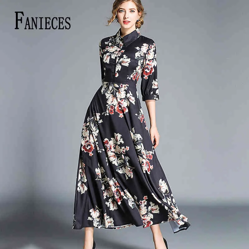 Vintage Floral Print Elegant Long Casual Dress Women Summer Single-breasted Shirt Dresses Waist Swing Ankle-length Vestidos 210520