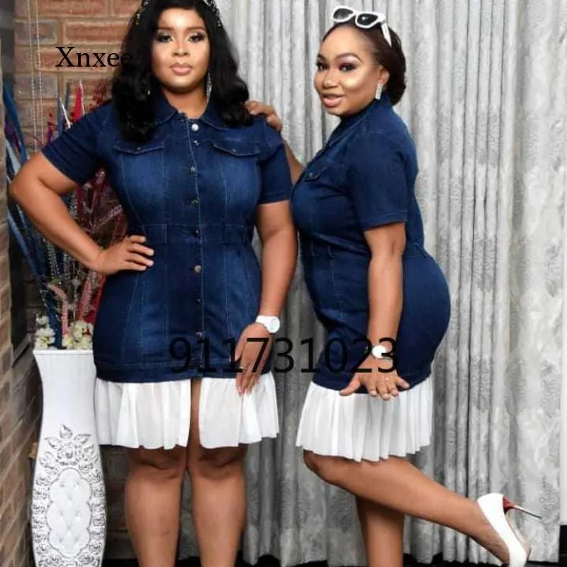 Ethnische Kleidung Mode Mini Falten Kleid Jeans Afrikaner für Frauen 2021 Sommer Sexy Kurzarm Plus Size Denim Bleistift Kleider Kleidung