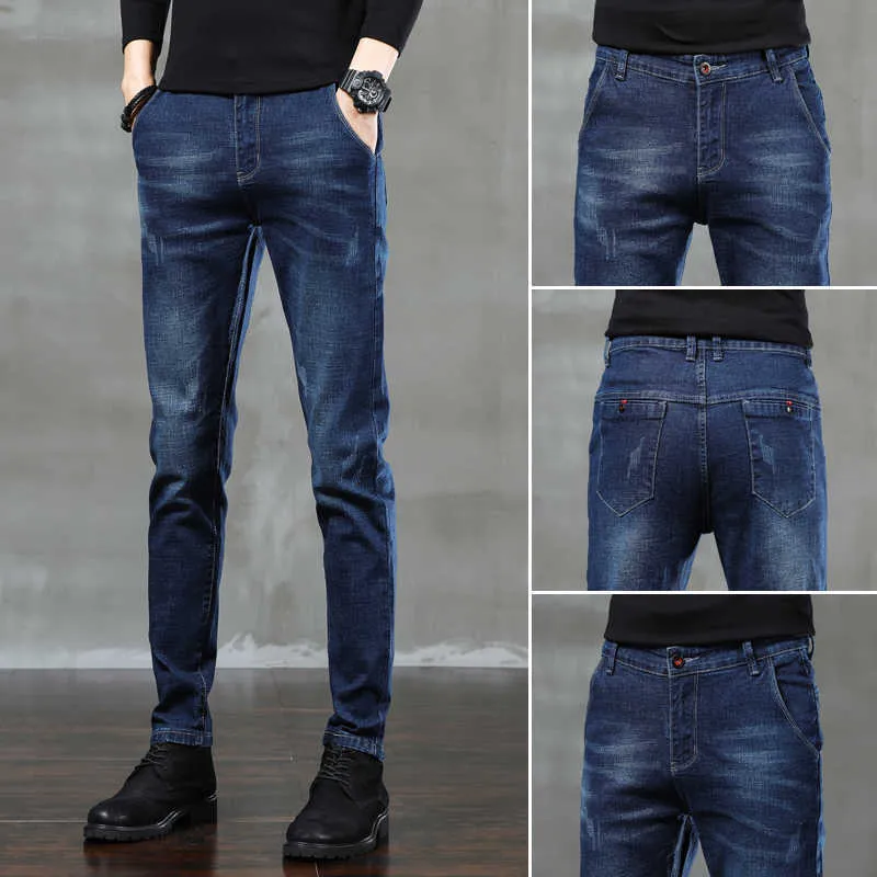 2021 New Arrivals Jeans Men Quality Brand Business Casual Male Denim Pants Straight Slim Fit Dark Blue Men trousers X0621