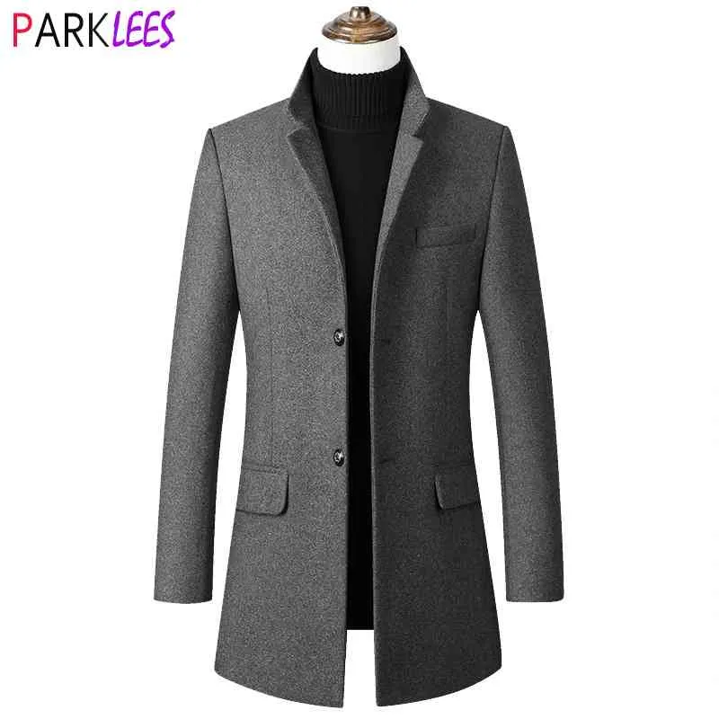 Gri İş Yün Karışımı Ceket Erkekler Slim Fit Kalınlaşmak Kış Yünlü Bezelye Ceket Erkek Tek Göğüslü Sıcak Ceket Palto Veste Homme 210522