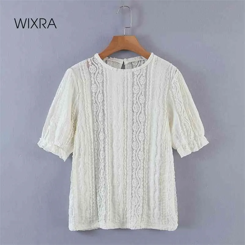 Wixra Solid Lace T-shirts Femmes O Cou À Manches Courtes Femme Lâche Tee Tops Été Nouveau Chaud 210419