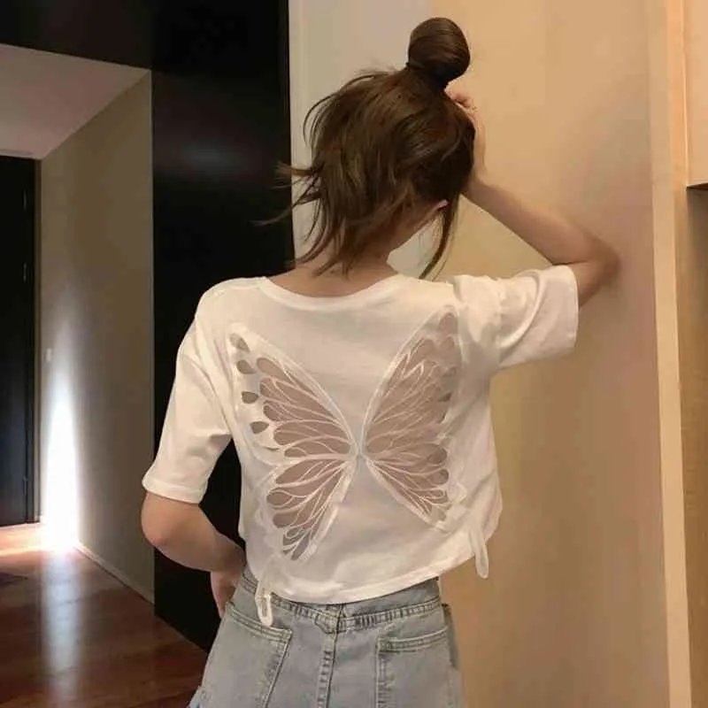 Tops Tees Summer Chic Lâche All-Match Blanc Back Hollow Out Col rond T-shirt à manches courtes Femmes Casual Crop Basic 210429