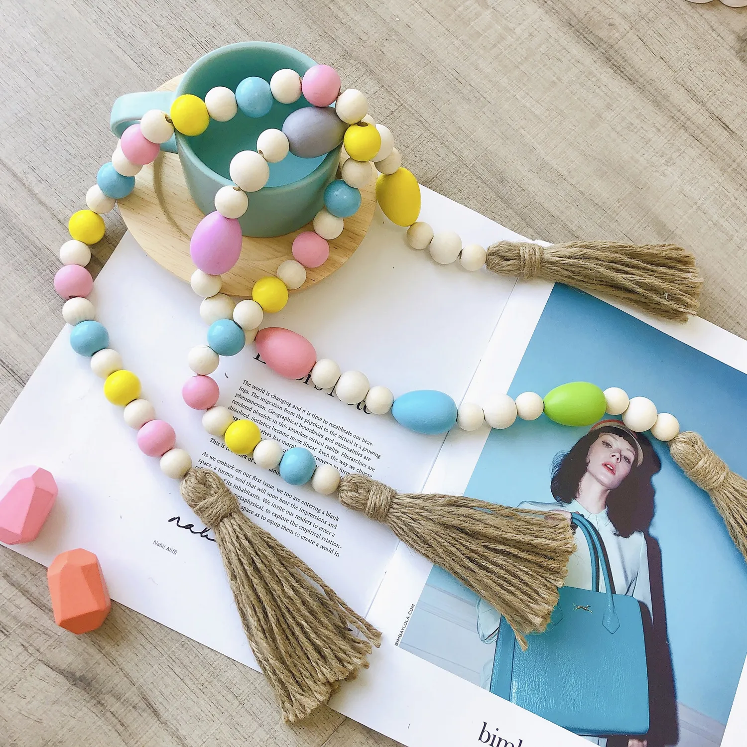 Colourful Wood Beads Tassel Hanging Pendant Farmhouse Decor INS Nordic Creative Hemp Rope Beaded Children Home Decorative Egg bead string 2 sets WMQ770