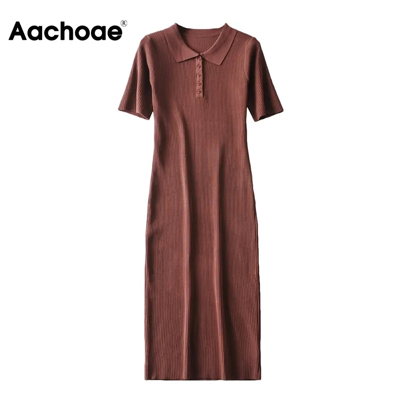 Aachaoe Kvinnor Fast Causal Strikkad Midi Sommar Kortärmad Elegant Stak Klänning Slå ner Krage Chic Dresses 210413