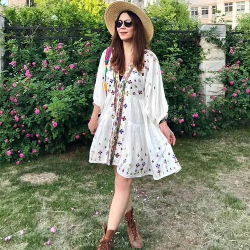 Chic Embroidered Womens Tunic Bohemian Dress V Neck Long Sleeves