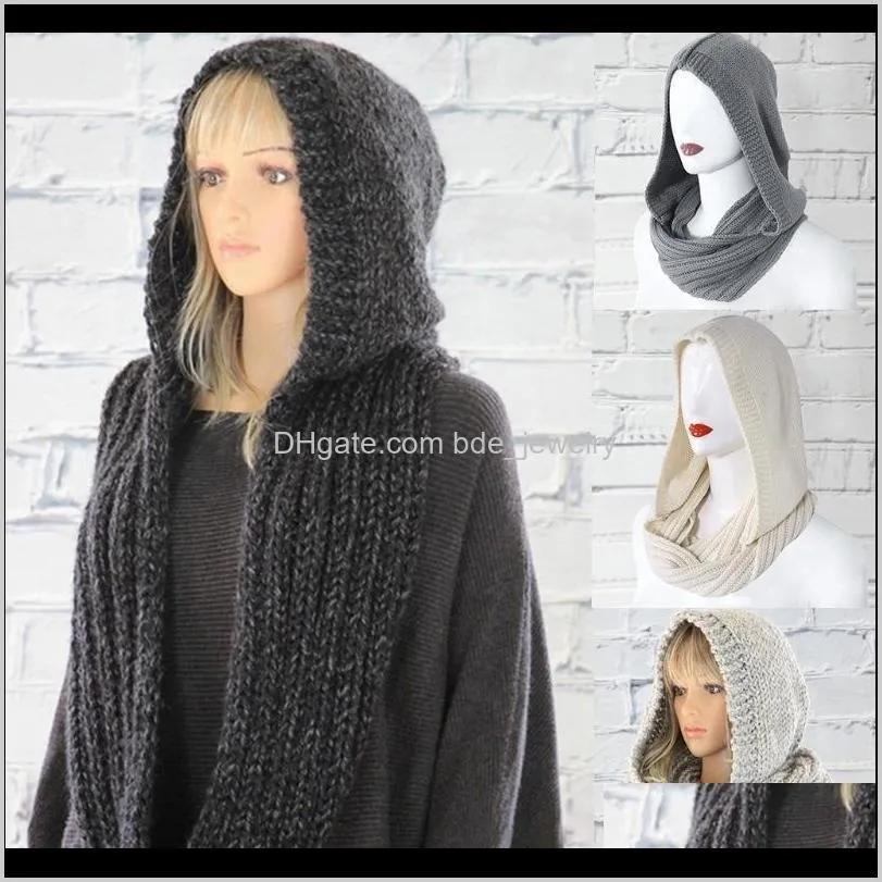 women winter crochet knit hood infinity scarf outdoor windproof warm long shawl wrap solid color earflap hat neck warmer scarves