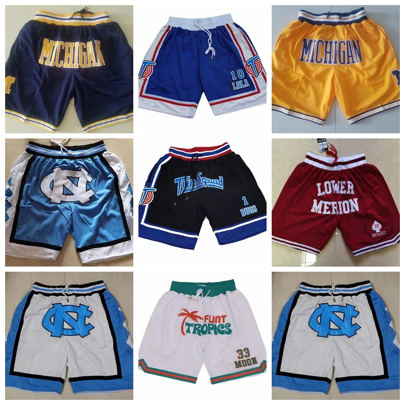 Just Don Basket Pantaloncini Pantaloncini sportivi College Movie Lower Merion Michigan Wolverines Carolina del Nord Tar Heels Space Jam Tune Squad con tasca Cerniera