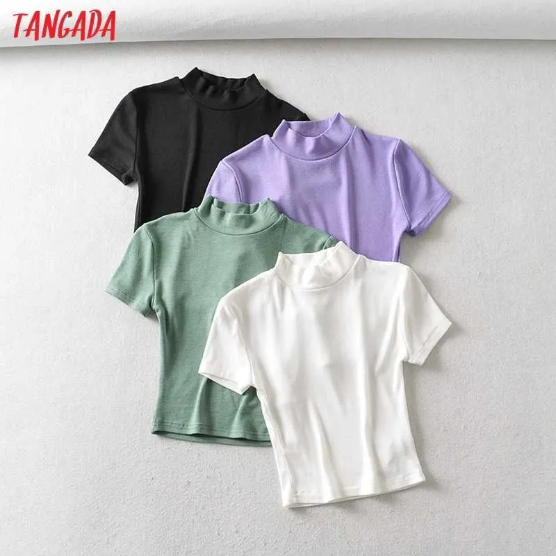 Tangada Mulheres Turtleneck Algodão T Shirt Manga Curta O Pescoço Tees Ladies Casual Camiseta Rua Wear Top 2B25 210609