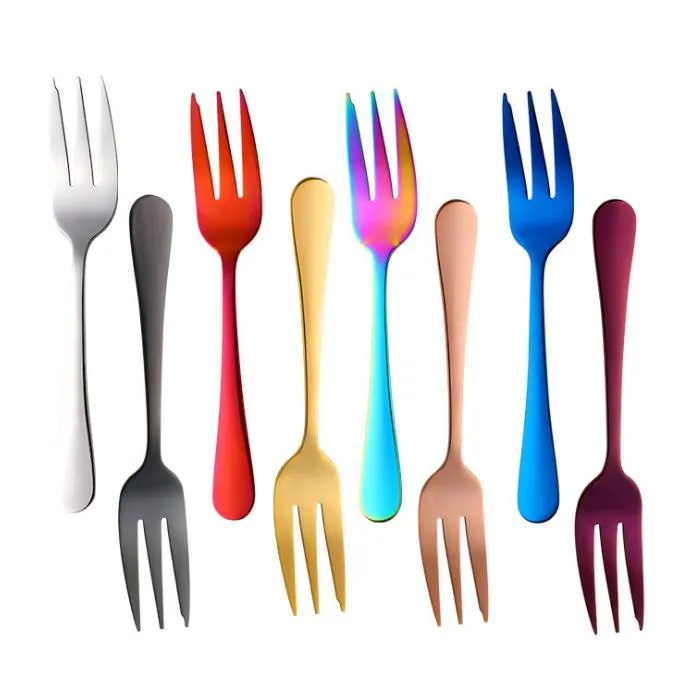 Rostfritt stål frukt gaffel efterrätt kaka gaffel 8 färg kök matsal möbler allmänna ändamål köksredskap dessert gaffel