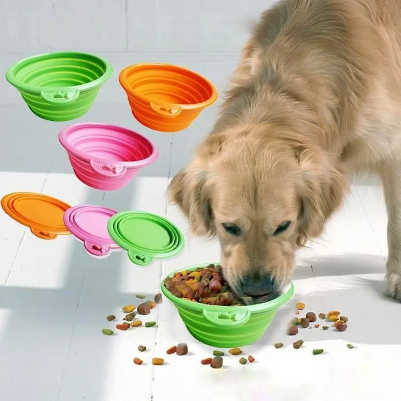 Katlanabilir Katlanabilir Silikon Köpek Kaseler 350 ml Şeker Renk Açık Seyahat Taşınabilir Yavru Doogie Evcil Gıda Konteyner Besleyici Çanak