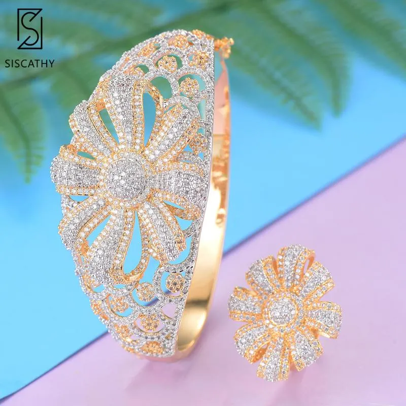 Earrings & Necklace SISCATHY Luxury Flower Shape Bracelets Resizable Ring Sets Nigerian Women Wedding Jewelry Pulseras Mujer Moda 2021