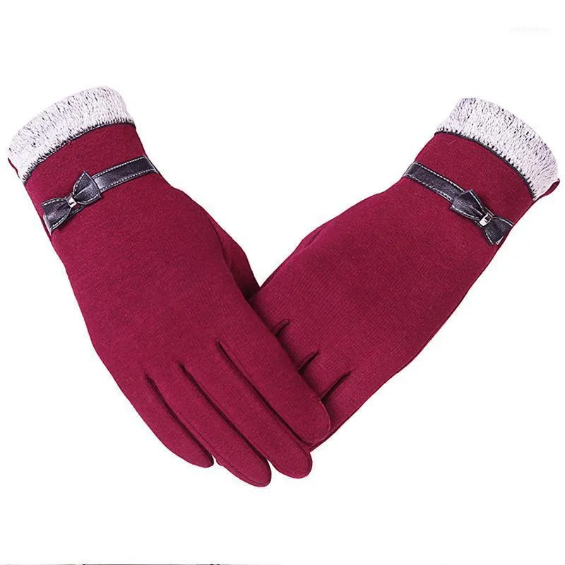 Mode Vrouwen Herfst Winter Touch Screen Handschoenen Leer Elegante Lady Bow Warm Pu Katoen 1 Paar Volledige Vinger Knit Mittens1