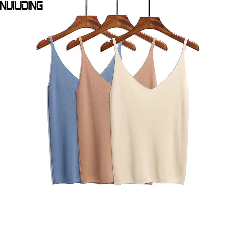 Summer Women Tank Tops Casual Shiny Ice Silk Knitted Camis Sleeveless Vest Sexy Deep V-Neck Party Solid Camisole Femme 210514