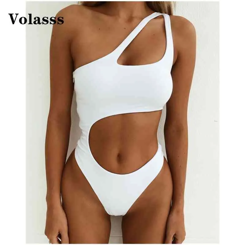 New Women Solid Color Swimwear One Shoulder One Piece Swimsuit Female Bather Sexy Asymmetrical Bathing Suit Swim Lady Monokini X0522