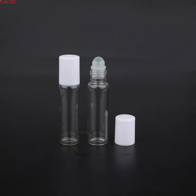 50 pz/lotto Promozione di Vetro 10 ml Bottiglia di Profumo Coperchio Bianco 1/3 OZ Contenitore di Olio Essenziale Donne Vaso Cosmetico Riutilizzabile Roll On Jarhood qty