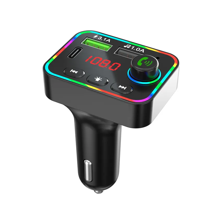 Kit per auto Bluetooth Vivavoce Talk Wireless 5.0 Trasmettitore FM Adattatore per caricabatterie USB con display a LED a luce ambientale colorata Lettore musicale audio MP3