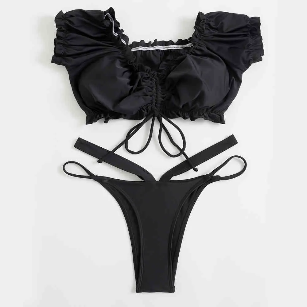 Sexig frillad trim Bardot Bandeau bikini Svart baddräkt Kvinna Kvinnor Badkläder Tvådelar Set Lace Up Bather Bating Suit 210520