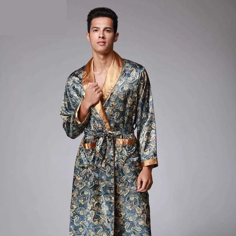 Mens Summer Paisley Print Silk Robes Male Senior Satin Sleepwear Satin Pajamas Long kimono Dressing Gown Bathrobe For Men T200110