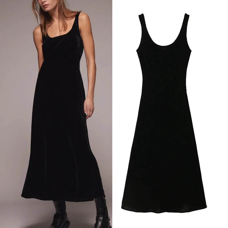 Black Velvet Dresses for Women Sexy Backless Slip Midi Woman Dress Summer Sleeveless Elegant Gowns Ladies Party 210430