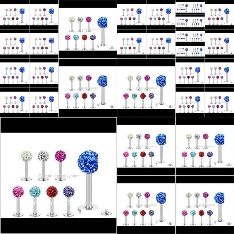  shipping,wholesales 20pcs mix 10 colors body piercing jewelry disco ball cz crystal lip piercing labret bar labret ring