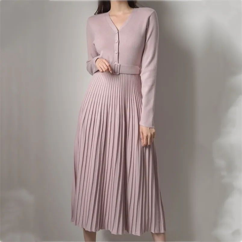 High Quality Korean Style Knitting Dress Female V-neck Elegant Sweater Vintage Woman Long Sleeve Robe Winter Autumn 210514