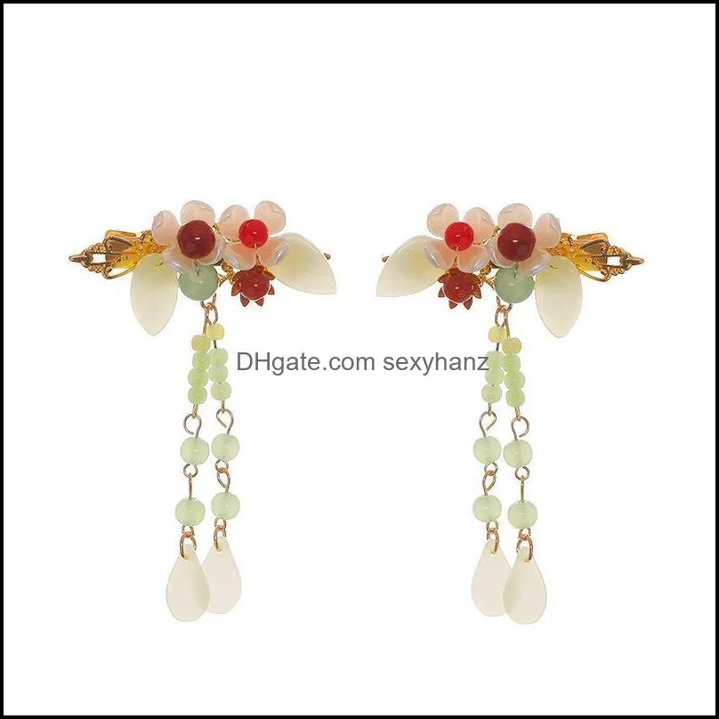 Hair Clips & Barrettes 1pair Archaistic Exquisite Insect Flower Jade Hairclip Set Korean Fairy Dress Accessories Long Tassels Women