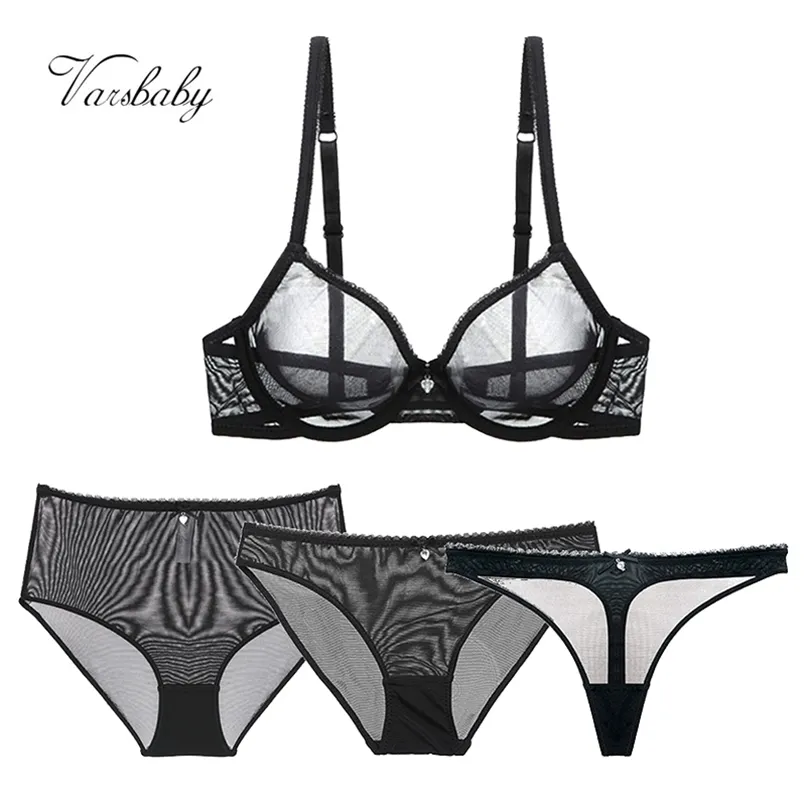 Varsbaby Sexy Transparent Underwear Set 4pcs Bras+Panties+Thongs+High Waist Briefs plus size For Women 211104