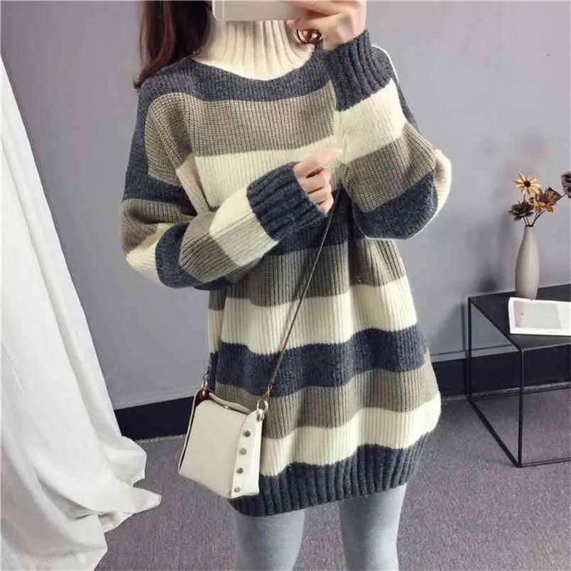 Koreansk stil Y2K Vinter Halv-Turtleneck Striped Patchwork Mid-Length Stickad Sweater Höst Loose Casual Khaki Donna Maglion 210604