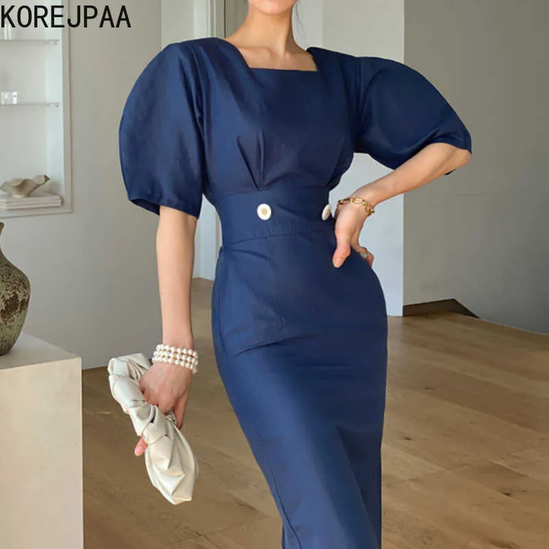 Korejpaa Frauen Kleid Koreanische Einfache Temperament Einfarbig Quadrat Kragen Tasten Dekorative Schlanke Blase Sleevesbutt Vestido 210526