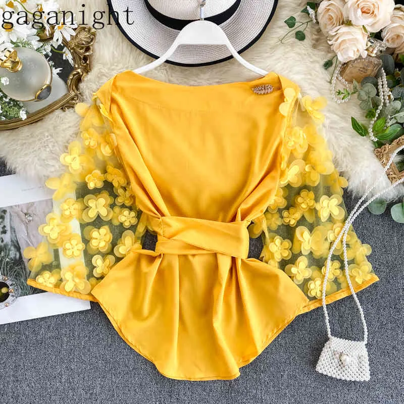 Gaganight Appliques Flower Mesh Patchwork Women Blouse Flare Tre Kvartär Äreve Elegant Tröja Kontor Lady Koreansk Fashion Blusa 210519