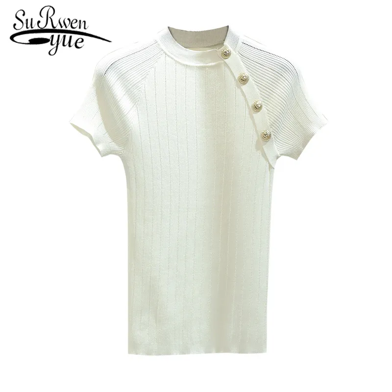 Printemps et été Style Mode Femmes Tops Slim INS Simple Blanc Pull court Glace Soie À Manches Courtes Femme 8783 50 210427