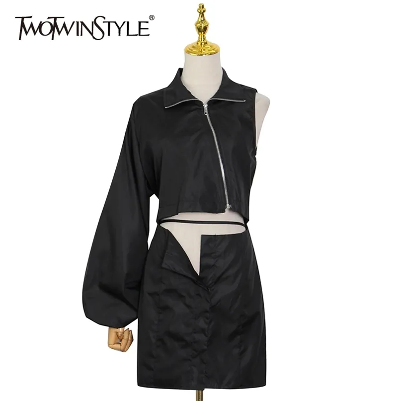 Black Asymmetrical Mini Dress For Women Turtleneck Long Sleeve High Waist Hollow Out Dresses Female Streetwear 210520