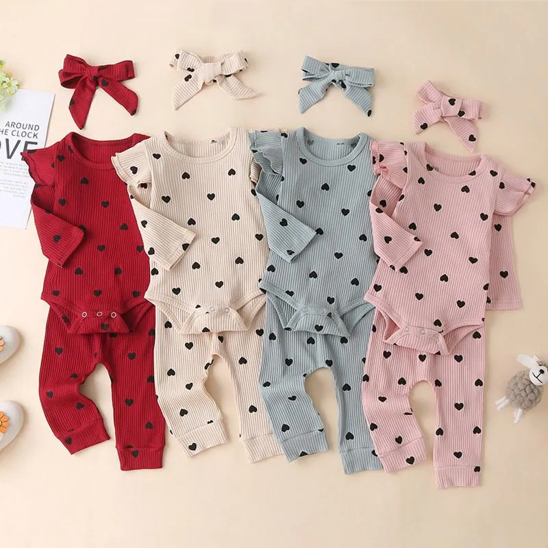 Zestawy odzieżowe Serce Print Baby Girls Stroje Toddler Born Kids Long Sleeve Ruffle Romper + Spodnie + Opaski Ubrania Zestaw Vetement Bebes Fille