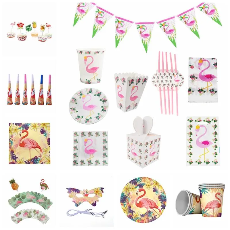 Одноразовая посуда Flamingo Pink Red Theme Theme Party Sware Plate Satkins Cup Popcorn Box Flags Flags детские украшения для декорации на день рождения