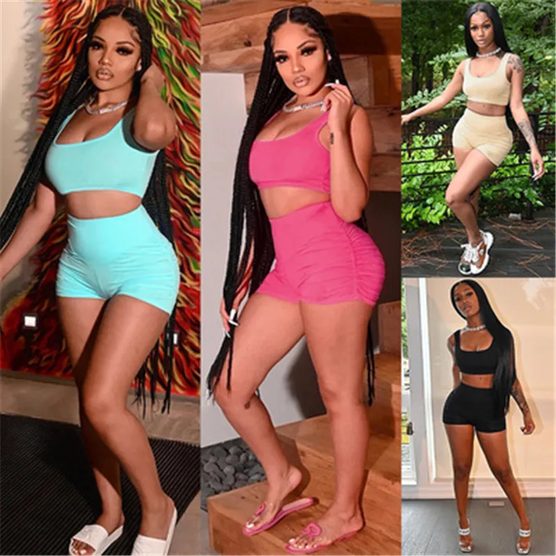 Womens Solid Color Tracksuits Fashion U-neck Sleeveless Vest Tops Shorts Suits Designer Summer Female Fitness Exercise Sports Slim 2Pcs Sets