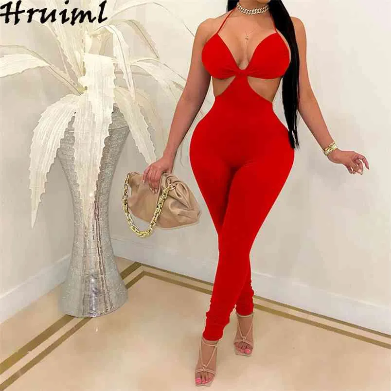 Backless Jumpsuit Solid Cor Sexy Club Hollow Out Long Comprimento Full Womens Jumpsuits Moda Personalizado V Pescoço Macacões 210513
