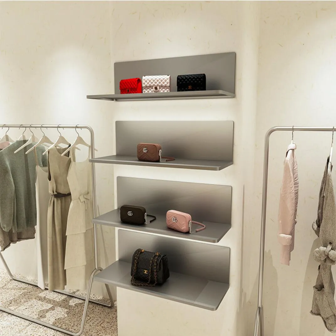 Présentoirs de magasin de vêtements Meubles commerciaux mur chaussures, sacs et accessoires pour femmes étagère en acier inoxydable vêtements chapeaux support d'accessoires multicouche