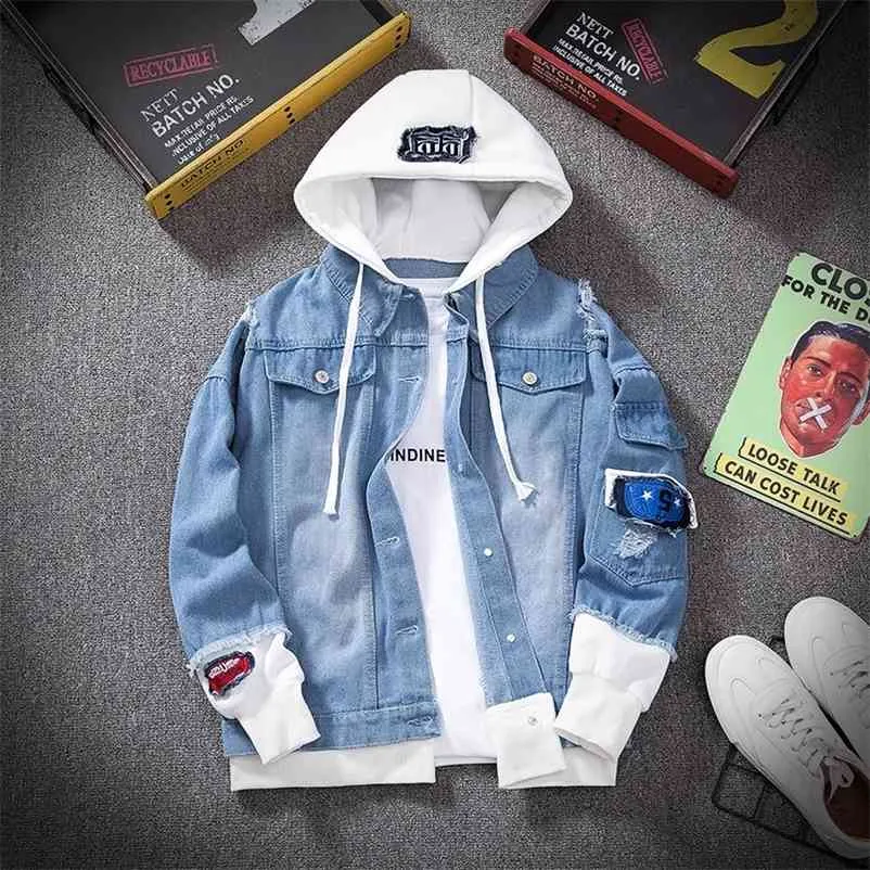 Marka Mężczyźni Denim Kurtka Streetwear Hip Hop Męska Kapturem Kurtki Jean Mężczyzna Casual Luźna Odzieżowiec Wiosenna Moda 210723